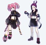  1boy 1girl :d alternate_costume black_footwear black_gloves black_hair black_shorts bow closed_mouth commentary_request cropped_vest gloves hand_on_own_hip hand_up highres holding holding_poke_ball hood hood_down hooded_vest hoodie kieran_(pokemon) knees midriff multicolored_hair open_mouth pink_bow pink_hair pleated_skirt poke_ball poke_ball_(basic) pokemon pokemon_(anime) pokemon_horizons pokemon_sv purple_hair sango_(pokemon) shoes shorts skirt smile socks tassel twintails two-tone_hair vest ykt_(yorktin_fake) 