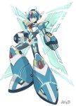  1boy arm_cannon armor energy_wings forehead_jewel glowing helmet mega_man_(series) mega_man_x_(series) mega_man_x_dive mika_izxra official_alternate_costume robot signature simple_background sketch solo weapon white_background x_(mega_man) 