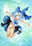  blue_dress blue_eyes blue_hair blue_panties bow cirno colored_pencil_(medium) dress dress_lift fang hair_bow jumping lowleg lowleg_panties mary_janes mosho navel open_mouth outstretched_arms panties puffy_short_sleeves puffy_sleeves shirt shoes short_sleeves skindentation smile solo touhou traditional_media underwear watercolor_(medium) 