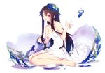  absurdres barefoot breasts brown_hair cleavage dress earth egg eggshell eggshell_hat gradient_eyes hatching highres long_hair looking_at_viewer medium_breasts multicolored multicolored_eyes nilitsu one_eye_closed original scan sidelocks sitting solo strap_slip wariza white_dress 
