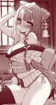  1girl @_@ bare_shoulders blunt_bangs blush breasts cleavage fate/grand_order fate_(series) greyscale hair_ornament hair_ribbon highres izumo_no_okuni_(fate) izumo_no_okuni_(first_ascension)_(fate) japanese_clothes kimono long_hair long_sleeves looking_at_viewer m-da_s-tarou medium_breasts monochrome multicolored_hair panties ribbon rope_belt sash short_kimono sidelocks split-color_hair thighhighs thighs two-tone_hair underwear wide_sleeves 