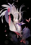  bird_wings black_background blonde_hair bug butterfly chin_strap from_side full_body geta hakama hat ima-no-tsurugi insect japanese_clothes long_hair looking_up male_focus moth nineo pom_pom_(clothes) profile red_eyes solo tengu-geta tokin_hat touken_ranbu wings 