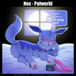 ambiguous_gender bed bedroom bedroom_eyes big_ears big_tail blue_body blue_fur canid canine condom feral fox fur furniture hi_res mammal narrowed_eyes night nox_(palworld) palworld red_eyes seductive sexual_barrier_device solo tail vavacung