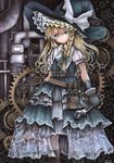  artist_name belt black_gloves blonde_hair bow braid colored_pencil_(medium) dated gears gloves grey_eyes hair_bow hat kirisame_marisa long_hair machinery mosho pipes puffy_short_sleeves puffy_sleeves short_sleeves single_braid smile solo star steampunk touhou traditional_media very_long_hair watercolor_(medium) witch_hat wrench 
