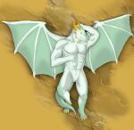 absurd_res anthro dragon emilios hi_res horn laying_on_ground laying_on_wing laying_pose looking_at_viewer male membrane_(anatomy) membranous_wings multicolored_body muscular muscular_male pinup pose scales scalie turquoise_body turquoise_scales turquoise_tail turquoise_wings two_tone_body western_dragon white_body white_scales wings yellow_horn