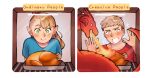  1boy 1girl against_glass blonde_hair blue_shirt blush breathing_fire chicken_(food) closed_mouth comparison cooking dehubbleton dragon dungeon_meshi elf english_commentary english_text excited fire food green_eyes grey_hair hand_on_glass happy highres horns laios_thorden long_hair looking_down marcille_donato meme_request multiple_horns open_mouth oven oven_interior pointy_ears ponytail red_shirt shirt short_hair short_sleeves smile sparkling_eyes tray twitter_username upper_body waiting western_dragon 