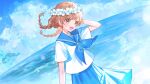  1girl :d absurdres arm_up bird blue_neckerchief blue_sailor_collar blue_skirt blue_sky blurry bokeh brown_eyes brown_hair cloud cloudy_sky commentary_request day depth_of_field dutch_angle floating_hair flower_wreath hand_on_own_head head_wreath highres horizon indie_virtual_youtuber long_bangs low_twintails neckerchief ocean official_art open_mouth outdoors pleated_skirt sailor_collar sayu_(snowman_and_mayu) school_uniform serafuku shirt short_sleeves skirt sky smile solo swept_bangs teeth three_quarter_view twintails upper_teeth_only virtual_youtuber waves white_shirt wind yuu_(vtuber) 