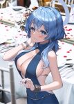  1girl aile_(crossroads) ako_(blue_archive) ako_(dress)_(blue_archive) blue_archive blue_dress blue_eyes blue_hair blue_halo blurry blurry_background blush bracelet breasts chain cleavage closed_mouth cup dress drinking_glass earrings fingernails fork hair_between_eyes halo highres jewelry knife large_breasts medium_hair nail_polish official_alternate_costume plate purple_nails smile solo table 