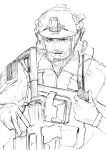  1boy american_flag assault_rifle beard ear_protection facial_hair gloves greyscale gun helmet highres holding holding_gun holding_weapon load_bearing_vest long_sleeves looking_at_viewer male_focus mature_male military_operator monochrome original parted_lips pen_guin15 radio rifle serious sketch solo upper_body weapon 