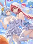  2girls absurdres animal_ear_fluff animal_ears aria_honmono bare_shoulders blue_hair blush breasts bridal_veil carrot_hair_ornament cleavage covered_navel dress elbow_gloves food-themed_hair_ornament frilled_dress frills garter_straps gloves hair_between_eyes hair_ornament heart heart_in_eye heterochromia highres hololive houshou_marine large_breasts long_hair looking_at_viewer medium_breasts multicolored_hair multiple_girls open_mouth orange_eyes rabbit_ears rabbit_girl red_eyes red_hair short_hair sleeveless sleeveless_dress strapless strapless_dress symbol_in_eye thick_eyebrows thighhighs twintails two-tone_hair usada_pekora veil virtual_youtuber wedding_dress white_dress white_gloves white_hair white_thighhighs yellow_eyes 