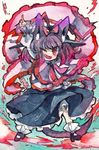  animal_ears capelet cat_ears cat_tail fang frills hat hat_removed headwear_removed highres kusuke nagae_iku one_eye_closed pointing purple_hair red_eyes shawl solo tail touhou traditional_media watercolor_(medium) 