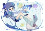  1girl ;d badge beret black_shorts blue_background blue_hair blue_tongue blush boots border brown_pupils button_badge collared_shirt colored_tongue commentary_request dapple_dualies_(splatoon) dual_wielding fangs gift_art green_eyes grey_shirt gun halo hand_up hat highres holding holding_gun holding_weapon inkling inkling_girl jacket knee_boots long_sleeves looking_at_viewer medal one_eye_closed open_mouth outside_border p-pepper paint paint_splatter paint_splatter_on_face purple_eyes purple_headwear purple_jacket shirt short_hair short_shorts shorts sidelocks simple_background smile solo sparkle splatoon_(series) stuffed_animal stuffed_bird stuffed_toy tentacle_hair thick_eyebrows weapon white_border white_footwear zipper zipper_pull_tab 