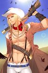  abs antique_firearm bandana bandolier bird blonde_hair blue_eyes blunderbuss day desert duster earrings firearm gun jewelry lens_flare long_hair male_focus muscle open_clothes open_shirt peyote_(saibai_shounen) saibai_shounen shirt sky smile solo sun sunglasses sunlight suspenders weapon 