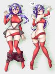  absurdres ass crosscode dakimakura_(medium) detached_sleeves headgear highres jacket lea_(crosscode) navel open_clothes ponytail purple_hair red_eyes red_sleeves red_thighhighs rowanism scar scar_on_face speech_bubble tagme thighhighs 