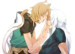  2boys animal_ears blue_eyes cat_boy cat_ears cat_tail closed_eyes commentary couple facing_another from_side intertwined_tails konoe_(lamento) lamento long_hair male_focus multiple_boys ninoude profile rai_(lamento) short_hair smile tail toned toned_male tunic upper_body white_background white_hair yaoi 
