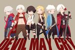  belt belt_buckle blonde_hair blue_coat blue_eyes boots brown_background brown_eyes brown_hair buckle coat dante_(devil_may_cry) devil_may_cry devil_may_cry_4 facial_hair flower flower_in_mouth grey_eyes gun heterochromia highres holding holding_gun holding_sword holding_weapon hood hoodie katana lady_(devil_may_cry) light_brown_background long_hair medium_hair nero_(devil_may_cry) red_coat red_eyes rose scabbard scar sheath short_hair simple_background skirt sword trish_(devil_may_cry) vergil weapon white_hair 