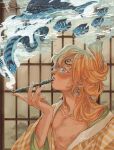  1boy 2024 adam&#039;s_apple arm_up blonde_hair blue_eyes breasts cleavage curly_eyebrows earrings eyelashes facial_hair fish goatee hairy_chest highres holding holding_smoking_pipe imagining japanese_clothes jewelry kimono long_hair looking_up lunaisanartist male_focus mustache one_piece open_clothes pectorals sanji_(one_piece) signature smoking smoking_pipe striped_clothes striped_kimono yellow_kimono 