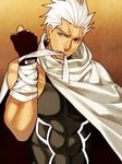  archer bandages cape fate/stay_night fate_(series) fingerless_gloves gloves male_focus mitsuki_mitsuno sleeveless solo white_hair 
