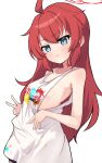  1girl amai_nekuta apron bare_arms bare_shoulders blue_archive blue_eyes breasts closed_mouth commentary cowboy_shot halo looking_at_viewer maki_(blue_archive) naked_apron official_alternate_costume red_hair red_halo simple_background small_breasts smile solo v white_background 