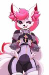 anthro bandage canid canine clothed clothing dipstick_tail epic_games eye_scar facial_scar female flat_chested fortnite fox fur gloves hair handwear hi_res inner_ear_fluff joshopaisen kimiko_five_tails long_hair mammal markings multi_tail open_mouth pink_body pink_fur pink_hair scar solo tail tail_markings tight_clothing tuft white_body white_fur wide_hips