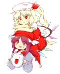  2girls bakebake_(touhou) blonde_hair blush braid bright_pupils crossed_arms ex-rika eyes_visible_through_hair flandre_scarlet ghost hat hat_ribbon jester_cap long_hair long_sleeves looking_at_another mob_cap multiple_girls nonamejd official_style on_head open_mouth parted_bangs puffy_long_sleeves puffy_short_sleeves puffy_sleeves red_eyes red_hair red_headwear red_ribbon ribbon rika_(touhou) short_sleeves side_ponytail simple_background touhou touhou_(pc-98) twin_braids white_background white_headwear white_pupils wings zun_(style) 