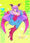  1girl alternate_color animal_print bat_print blue_pantyhose boots breasts character_name cleavage demon_wings english_text full_body head_wings high_heel_boots high_heels highres leotard long_hair looking_at_viewer morrigan_aensland motozaki_mio open_mouth pantyhose purple_hair red_eyes red_footwear red_leotard solo strapless strapless_leotard tongue tongue_out vampire_(game) wings 