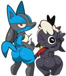 anthro bell big_butt black_eyes bovid butt caprine crossover crown cult_of_the_lamb duo fur generation_4_pokemon gesture grey_body headgear hi_res horizontal_pupils horn lamb_(cult_of_the_lamb) looking_at_viewer looking_back lucario male mammal multicolored_body nintendo nude pokemon pokemon_(species) pupils red_crown red_eyes sheep v_sign vilepluff white_body white_fur white_pupils white_wool wool_(fur)