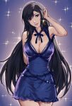  1girl adjusting_clothes black_hair blue_dress breasts brown_eyes cleavage dress earrings final_fantasy final_fantasy_vii final_fantasy_vii_remake highres jewelry kivavis large_breasts lipstick long_hair looking_at_viewer makeup official_art smile solo teeth tifa_lockhart tifa_lockhart_(refined_dress) very_long_hair 