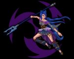 anonymous_artist anthro black_background blue_clothing blue_hair clothing fan_character female fox_ears genshin_impact golden_accessories hair hi_res melee_weapon mihoyo polearm purple_clothing purple_eyes simple_background solo weapon