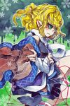  blonde_hair green_eyes highres japanese_clothes kusuke mizuhashi_parsee pointy_ears scarf snowflakes solo touhou traditional_media watercolor_(medium) wavy_mouth 