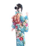  :d black_hair blush floral_print flower from_behind hair_bun hair_flower hair_ornament japanese_clothes kazuharu_kina kimono long_sleeves looking_at_viewer md5_mismatch nape obi open_mouth original purple_eyes sash simple_background smile solo white_background 