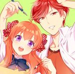  1girl bad_id bad_pixiv_id bow calligraphy_brush earrings gekkan_shoujo_nozaki-kun hair_bow jewelry mery_(apfl0515) mikoshiba_mikoto open_mouth orange_hair paintbrush pen polka_dot polka_dot_bow purple_eyes red_eyes red_hair sakura_chiyo smile stud_earrings upper_body 