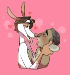 anthro anthro_on_anthro bodily_fluids brown_body brown_fur brown_hair cadaverrdog canid duo embrace eye_contact fur hair hand_on_chest hand_on_head hearts_around_head looking_at_another male male/male mammal nose_to_nose nude pink_background saliva saliva_string simple_background teeth tongue tongue_out unknown_species white_body