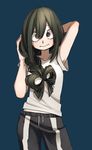  :&gt; alternate_hairstyle arm_behind_head arm_up armpit_peek asui_tsuyu bad_id bad_pixiv_id bare_arms belly_peek black_eyes black_hair blue_background boku_no_hero_academia bow_by_hair braid closed_mouth collarbone cowboy_shot drawstring eyelashes hair_between_eyes hair_over_shoulder hair_rings hands_in_hair highres long_hair looking_at_viewer pants shirt short_sleeves simple_background single_braid solo t-shirt track_pants usasaki_shiro white_shirt 