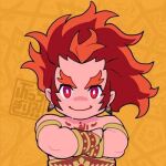  1boy abs arabic_text bara belt bucchigiri chibi colored_skin crossed_arms jewelry long_hair long_sideburns looking_at_viewer lowres male_focus muscular muscular_male orange_background pectorals pink_skin prehensile_hair red_background red_belt red_eyes red_hair senya_(bucchigiri) sideburns smile thick_eyebrows 