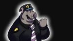 anthro black_background brok_the_investigator clothing grey_body guard_(brok_the_investigator) hat headgear headwear hi_res hubie360 humanoid_hands male mammal murid murine necktie official_art open_mouth overweight overweight_male rat rodent security security_guard shirt simple_background solo topwear