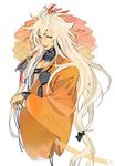  funpjinju japanese_clothes katana kogitsunemaru long_hair low-tied_long_hair male_focus red_eyes smile solo sword touken_ranbu weapon white_hair 