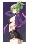  1girl ass black_nails black_shorts blush breasts commentary cowboy_shot genshin_impact green_hair hand_on_own_hip highres jacket kadokadokado kuki_shinobu large_breasts long_sleeves looking_at_viewer nail_polish open_clothes open_jacket parted_lips ponytail purple_eyes purple_jacket short_hair short_shorts shorts solo standing thighs 