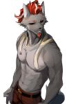 anthro baidou bottomwear canid canine clothing lonely_wolf male mammal muscular muscular_anthro muscular_male pants pleasant_goat_and_big_big_wolf scarf simple_background solo white_background