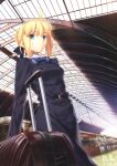  1girl absurdres ahoge artbook artoria_pendragon_(fate) belt black_belt black_jacket blonde_hair blue_bow blue_bowtie bow bowtie braid building buttons collared_shirt fate/stay_night fate_(series) french_braid green_eyes hair_bow highres jacket long_sleeves official_art plaid plaid_bow plaid_bowtie saber_(fate) scan shirt sidelocks smile solo suitcase takeuchi_takashi train train_station type-moon 