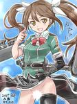  :d brown_eyes brown_hair censored doyagao elbow_gloves gloves groin highres index_finger_raised kantai_collection long_hair looking_at_viewer machinery no_panties open_mouth pelvic_curtain remodel_(kantai_collection) single_elbow_glove single_thighhigh smile solo thighhighs tone_(kantai_collection) translation_request tsuwabuki-san twintails 