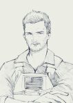  1boy american_flag crossed_arms facial_hair greyscale highres jason_hayes load_bearing_vest looking_at_viewer male_focus monochrome mustache pen_guin15 portrait scruffy seal_team_(series) seal_team_six short_hair simple_background sketch solo 