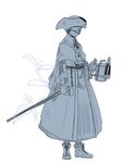  bloodborne blowtorch boots cane covered_eyes hat monochrome murai_shinobu solo tricorne yurie_the_last_scholar 