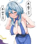  1girl ako_(blue_archive) ako_(dress)_(blue_archive) blue_archive blue_dress blue_hair breasts clearite cleavage closed_eyes covered_nipples dress furrowed_brow halo large_breasts long_hair nipples plunging_neckline sidelocks speech_bubble sweat upper_body white_background 