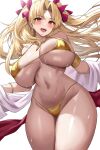  1girl :d absurdres alternate_costume bare_shoulders bikini blonde_hair blush breasts earrings ereshkigal_(fate) fate/grand_order fate_(series) hair_ornament highres jasony jewelry large_breasts looking_at_viewer navel necklace open_mouth parted_bangs red_eyes simple_background smile solo stomach swimsuit teeth thighs underboob upper_teeth_only white_background yellow_bikini 
