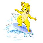 absurd_res anthro bent_legs bodily_fluids canid canine canis cute_expression cute_eyes domestic_dog genital_fluids hi_res male mammal solo spread_legs spreading surf surfboard surfing urine water watersports yordraw