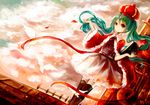  aqua_hair bad_id bad_pixiv_id black_dress black_legwear book brown_eyes cape crown dress hanchan hatsune_miku highres long_hair petals sky solo thighhighs twintails vocaloid zettai_ryouiki 