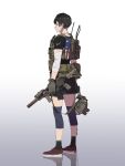  1girl american_flag assault_rifle bandaged_arm bandages bandaid bandaid_on_face black_hair black_shirt black_shorts black_socks blue_eyes camouflage compression_sleeve expressionless from_side full_body gun helmet highres holding holding_gun holding_helmet holding_weapon load_bearing_vest looking_ahead m4_carbine original pen_guin15 red_footwear rifle shirt short_hair short_sleeves shorts simple_background socks solo suppressor unworn_headwear weapon white_background 