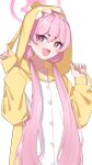  +_+ 1girl :d absurdres blue_archive blush fang fukujin halo highres hood hooded_pajamas koyuki_(blue_archive) long_hair long_sleeves looking_at_viewer official_alternate_costume open_mouth pajamas pink_eyes pink_hair pink_halo simple_background skin_fang smile solo twintails white_background yellow_pajamas 