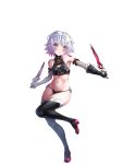  1girl :&lt; absurdres arm_belt bandaged_arm bandages bare_shoulders belt belt_buckle black_footwear black_gloves black_panties black_shirt boots breasts brown_belt buckle commentary crop_top dagger dual_wielding fate/grand_order fate_(series) fingerless_gloves full_body gloves green_eyes grey_hair head_tilt high_heel_boots high_heels highres holding holding_dagger holding_knife holding_weapon jack_the_ripper_(fate/apocrypha) knife leg_up looking_at_viewer miyabi_urumi navel outstretched_arm panties reverse_grip scar scar_across_eye scar_on_cheek scar_on_face shirt short_hair shoulder_tattoo single_fingerless_glove single_glove sleeveless sleeveless_shirt small_breasts solo stomach tattoo thigh_boots thighhighs transparent_background triangle_mouth underwear weapon 